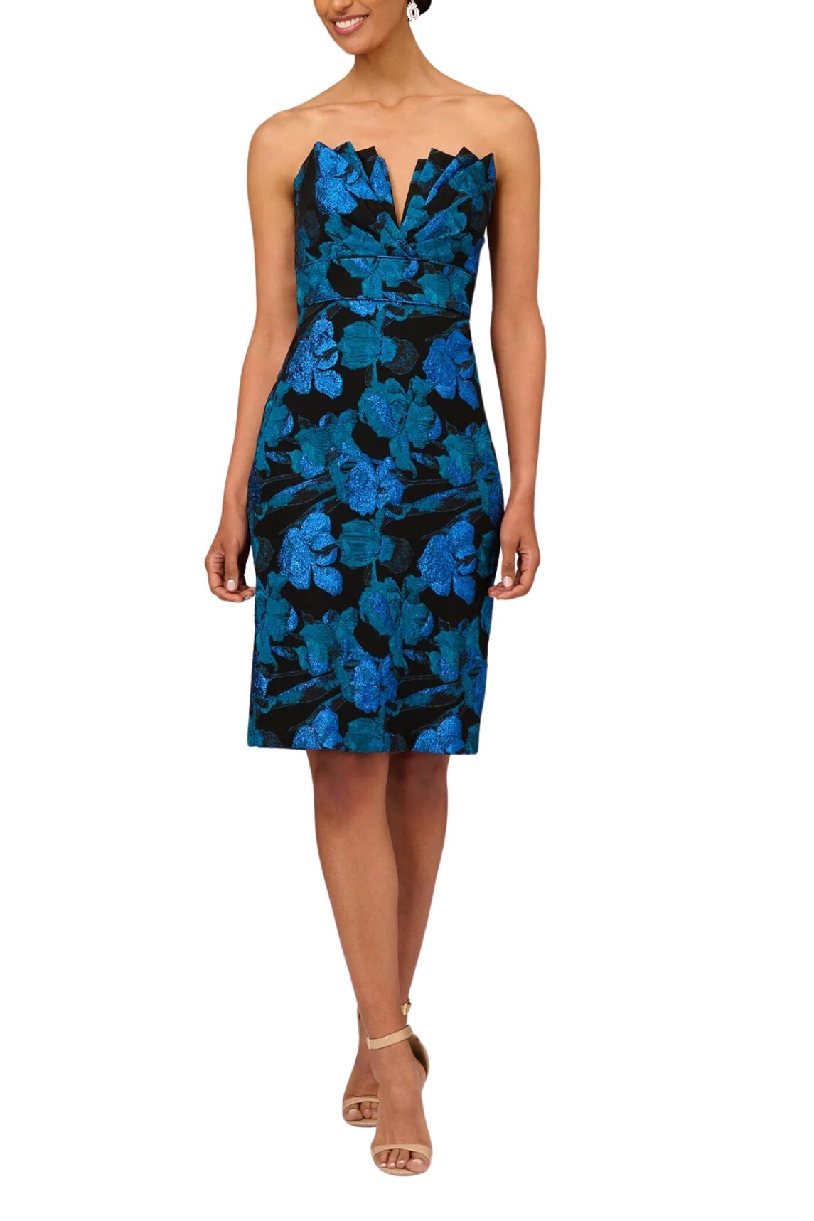 Aidan Mattox Stretch Strapless Sleeveless Pleated Bodice Sheath Dress - Wholesale - BLUE MULTI - Front