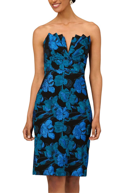 Aidan Mattox Stretch Strapless Sleeveless Pleated Bodice Sheath Dress - Wholesale - BLUE MULTI - Front 