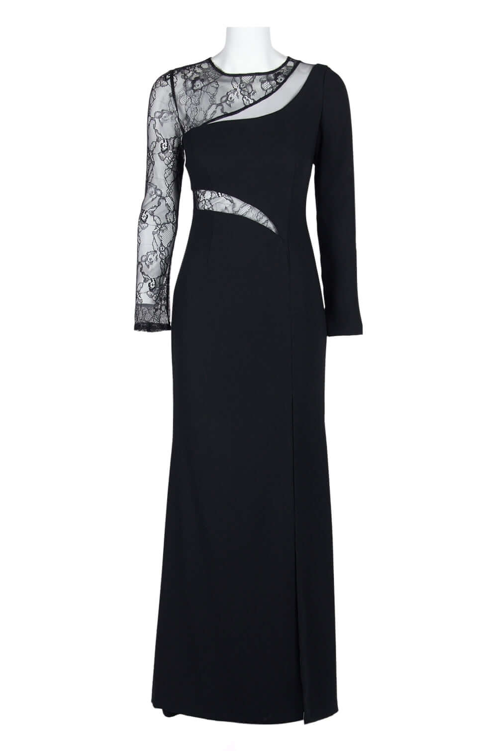 Aidan by Aidan Mattox Crew Neck Illusion Long Sleeve Zipper Back Crepe Lace Gown - BLACK - front 