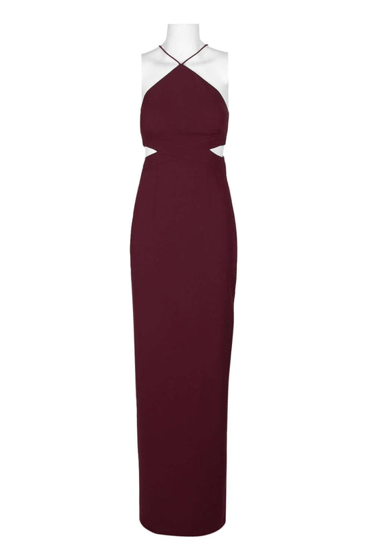 Aidan by Aidan Halter Strap Cutout Side Zipper Back Slit Back Crepe Dress - DARK BURGANDY - Front