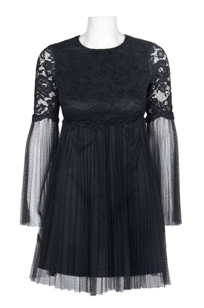 Aidan by Aidan Mattox Crew Neck Illusion Sleeve A-Line Zipper Back Floral Lace Dress - BLACK - Front