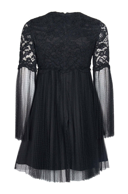 Aidan by Aidan Mattox Crew Neck Illusion Sleeve A-Line Zipper Back Floral Lace Dress - BLACK - Back