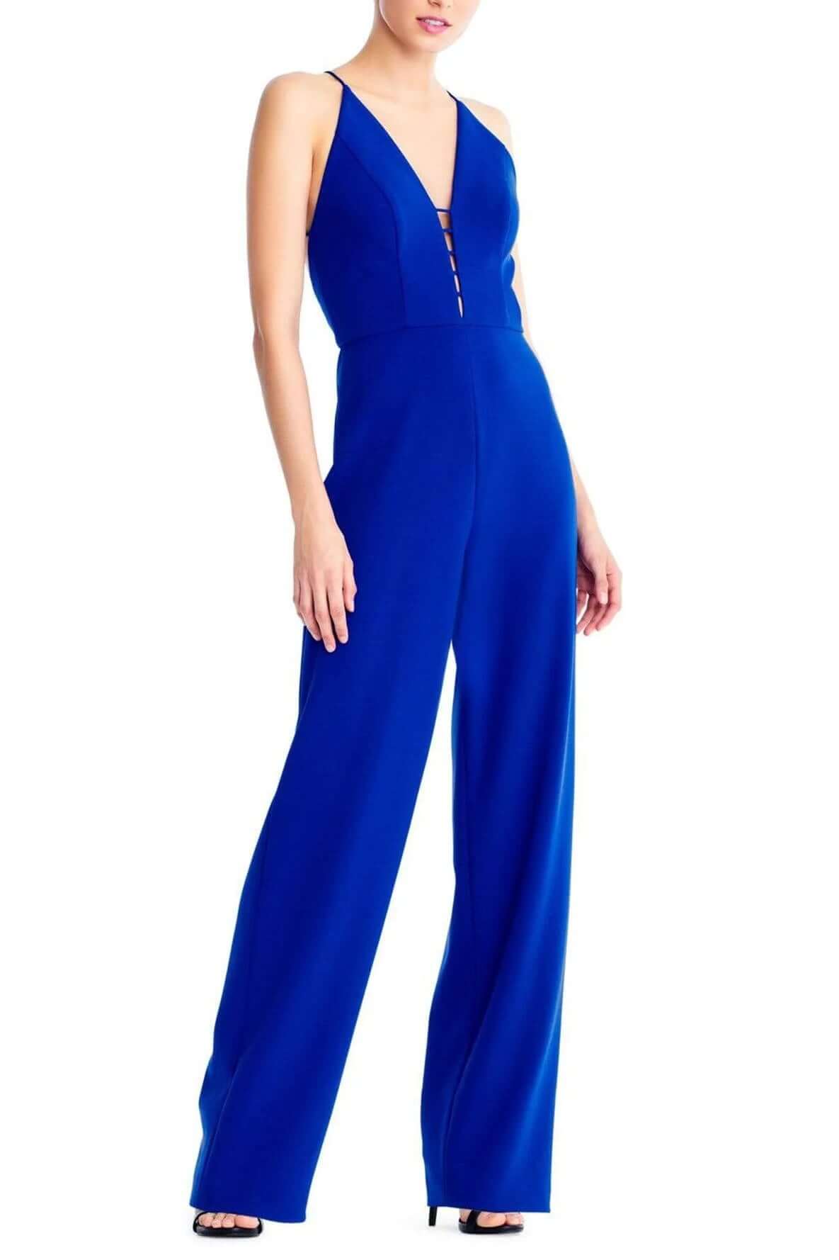 Aidan by Aidan Mattox V-Neck Sleeveless Sting Tied Zipper Back Solid Crepe Jumpsuit - ROYAL SAPPHIRE - Front