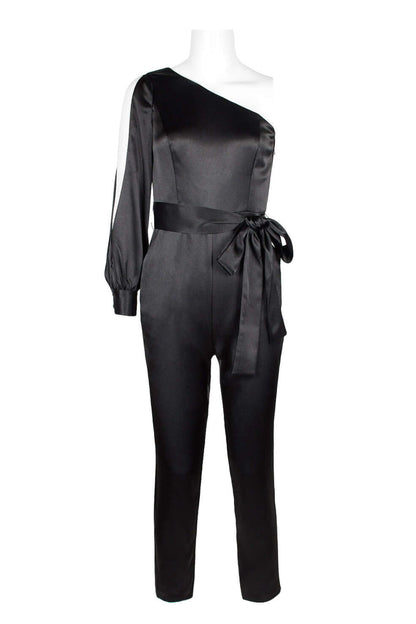 Aidan by Aidan Mattox Asymmetrical Shoulder Slit Long Sleeve Tie Side Functional Pocket Concealed Ziipper Side Satin Jumpsuit - BLACK - FRONT VIEW