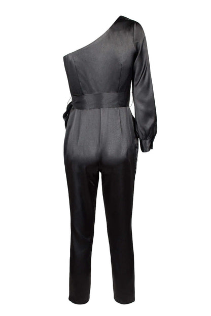 Aidan by Aidan Mattox Asymmetrical Shoulder Slit Long Sleeve Tie Side Functional Pocket Concealed Ziipper Side Satin Jumpsuit - BLACK  BACK VIEW