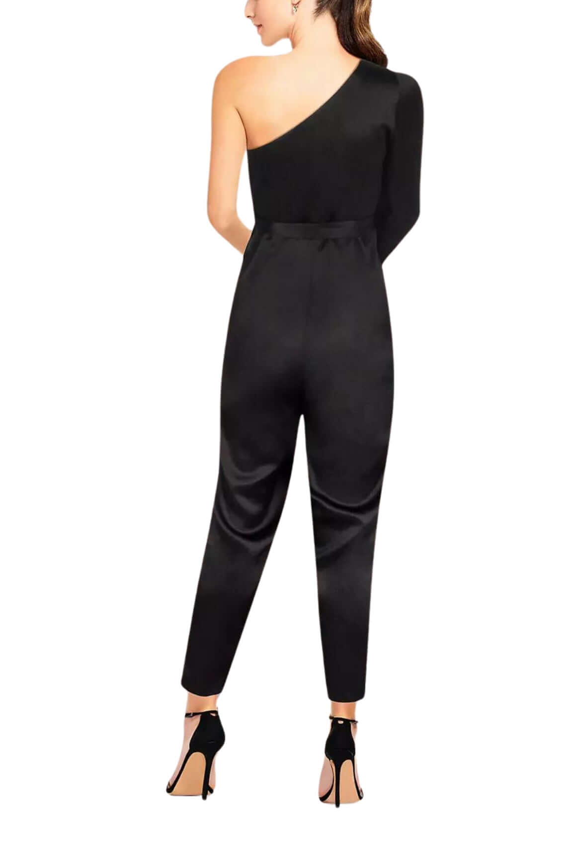 Aidan by Aidan Mattox Asymmetrical Shoulder Slit Long Sleeve Tie Side Functional Pocket Concealed Ziipper Side Satin Jumpsuit - BLACK - BACK