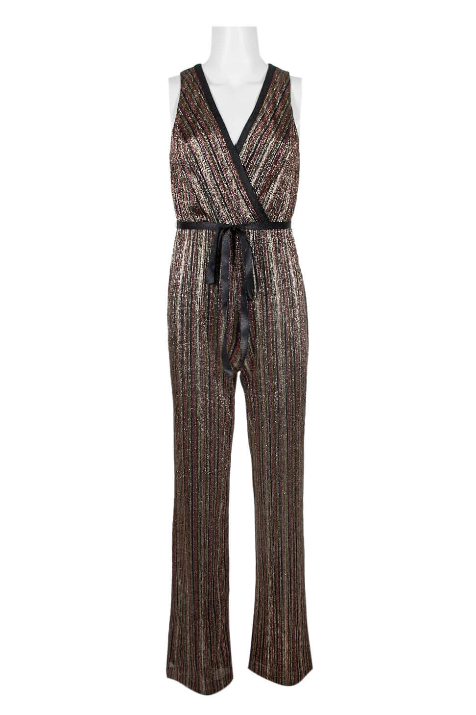 Aidan by Aidan Mattox V-Neck Sleeveless Piping Detail Tie Front Zipper Back Metallic Lurex Jumpsuit - GOLD MULTI - Front