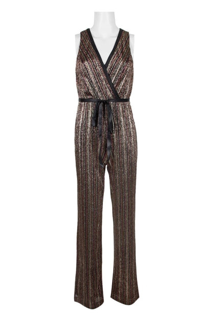 Aidan by Aidan Mattox V-Neck Sleeveless Piping Detail Tie Front Zipper Back Metallic Lurex Jumpsuit - GOLD MULTI - Front