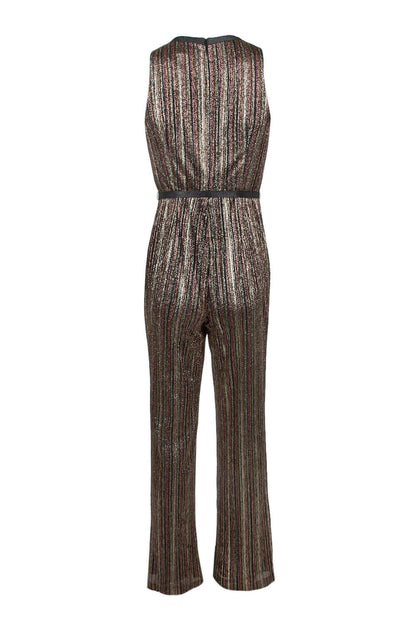 Aidan by Aidan Mattox V-Neck Sleeveless Piping Detail Tie Front Zipper Back Metallic Lurex Jumpsuit - GOLD MULTI - Back