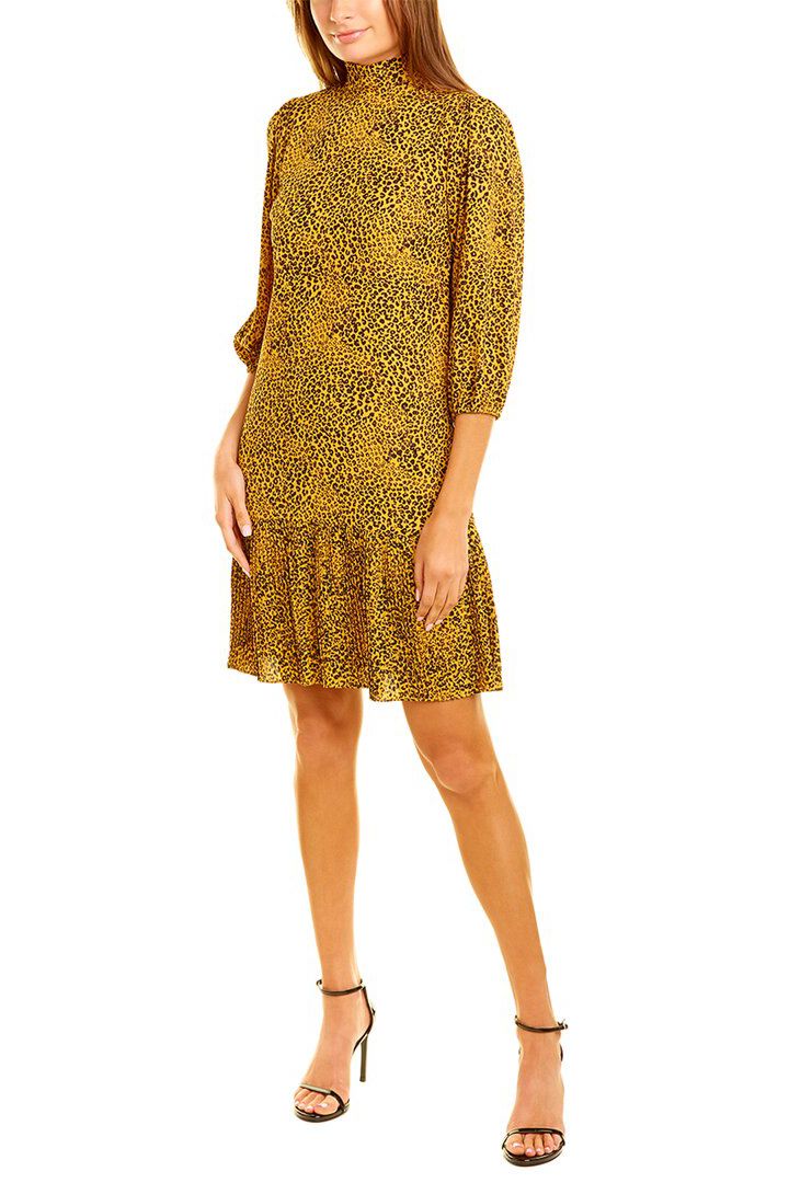 Nanette Lepore High Neck 3/4 Sleeve Bodycon Ruffled Hem Multi Print Chiffon Dress - Wholesale - Black Gold - Front View