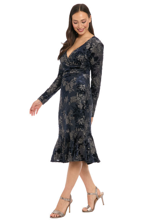 London Times Marlise Shimmering Velvet Faux Wrap Dress - T10109M - Navy/Silver