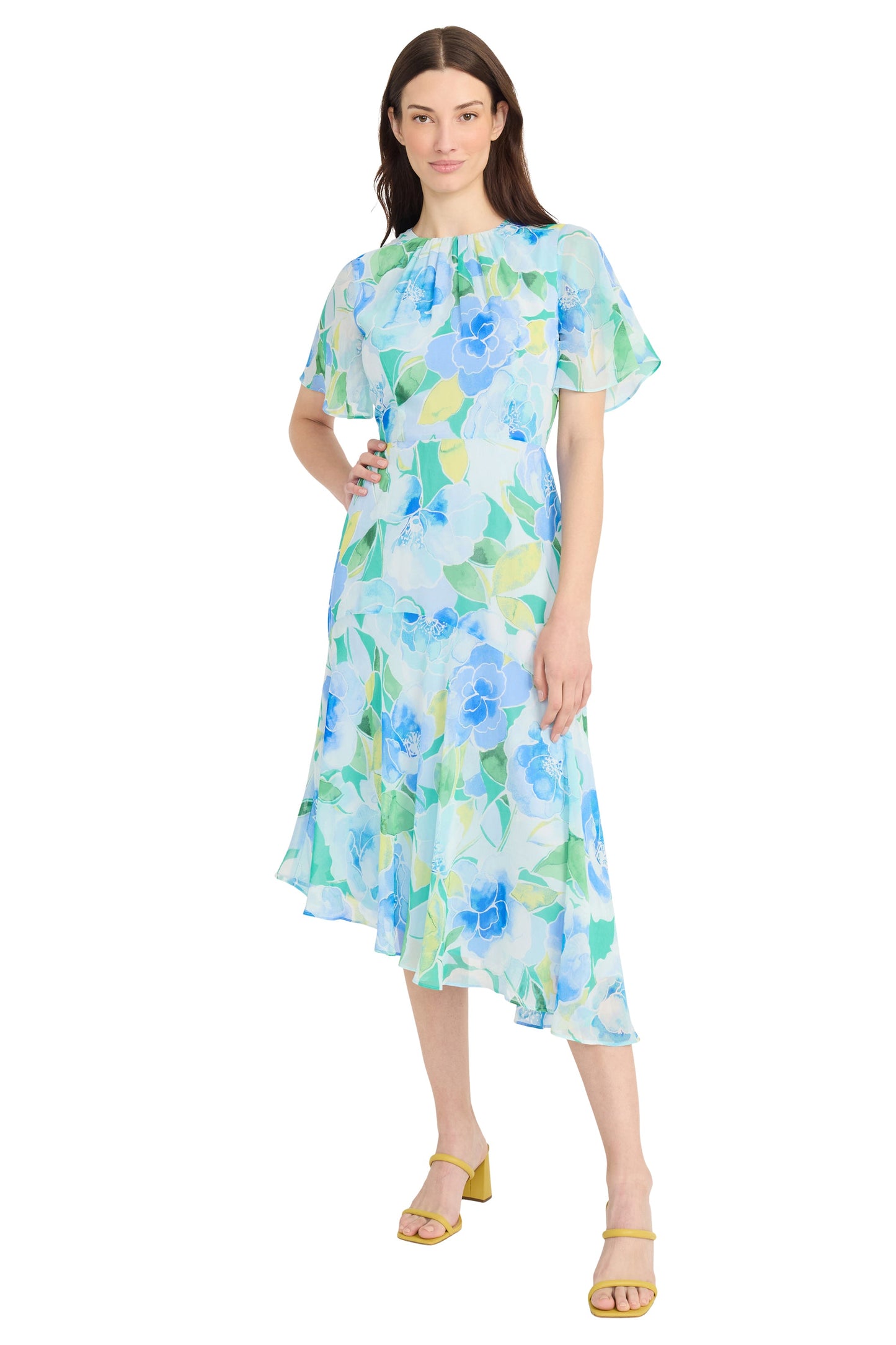 Flutter Sleeve Asymmetrical Midi Dress Maggy London G5683M