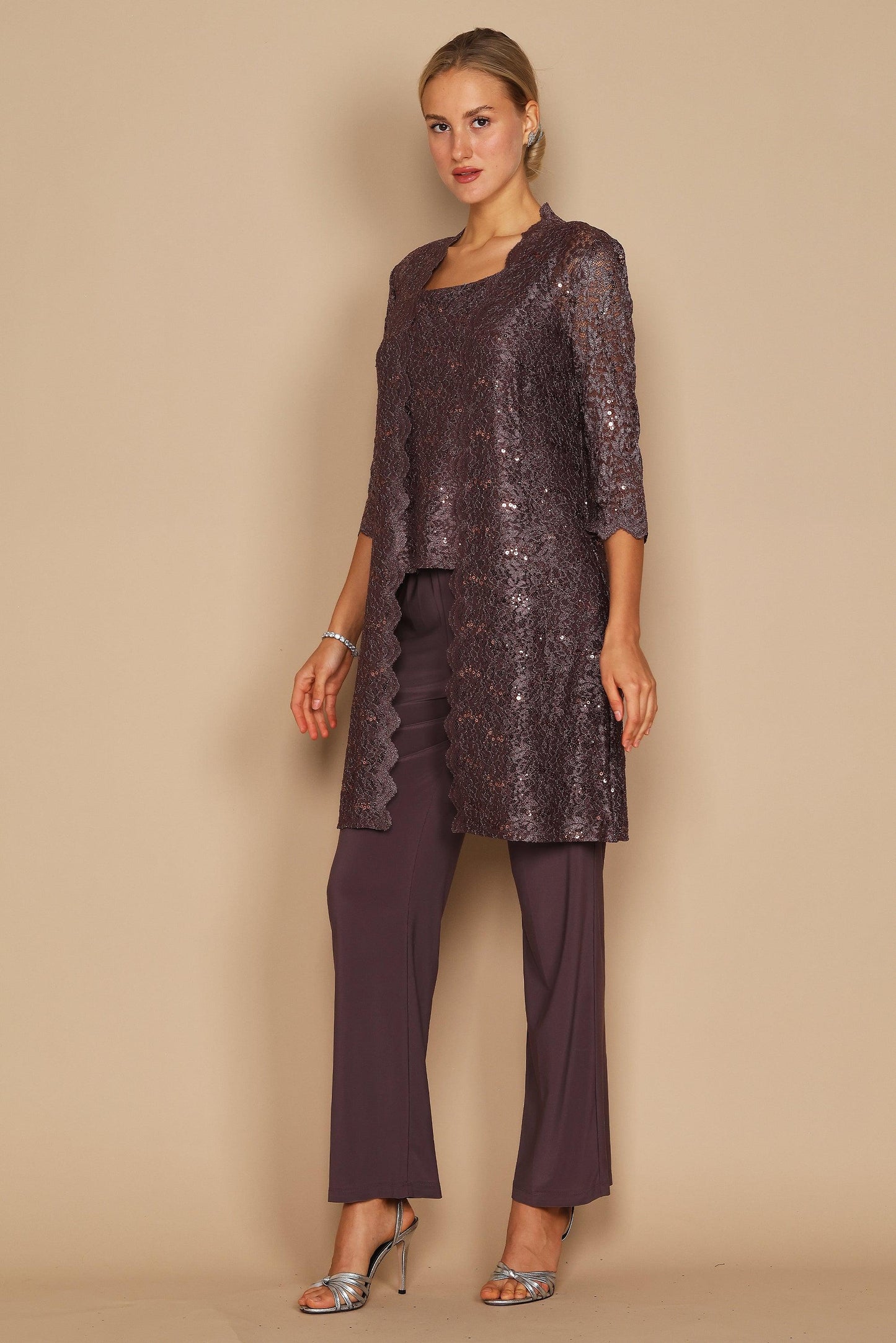 R&M Richards RM1993 Mother of the Bride Long Jacket Pant Suit in Fig