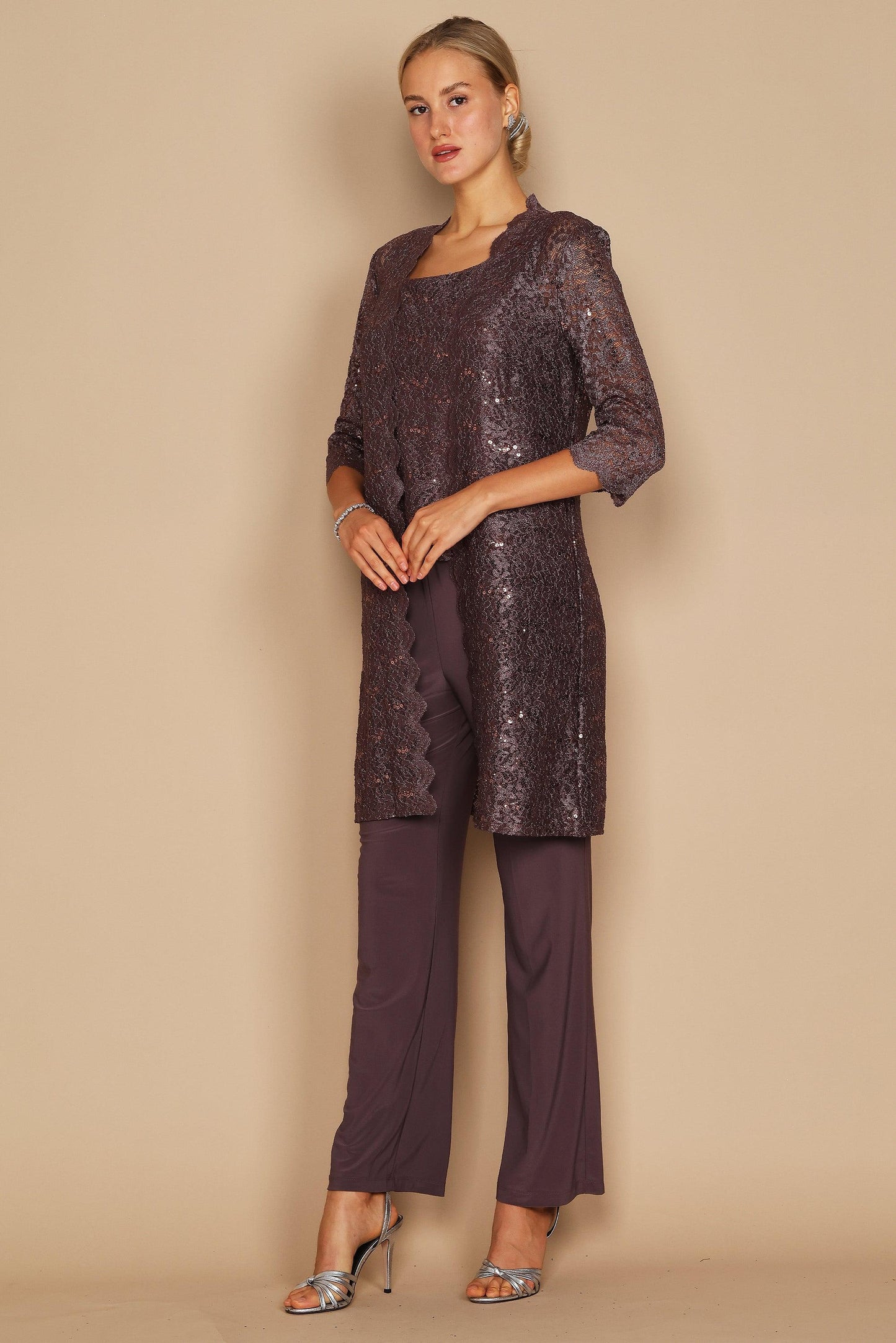 R&M Richards RM1993 Mother of the Bride Long Jacket Pant Suit in Fig