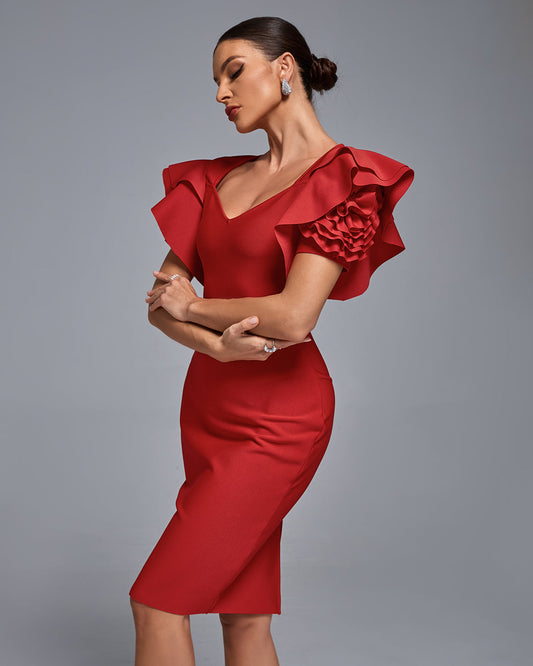 Red Square Neck Knee-Length Scuba Cocktail Sheath Dress Ruffle Sleeves and Floral Detail Badgley Mischka BSD5041