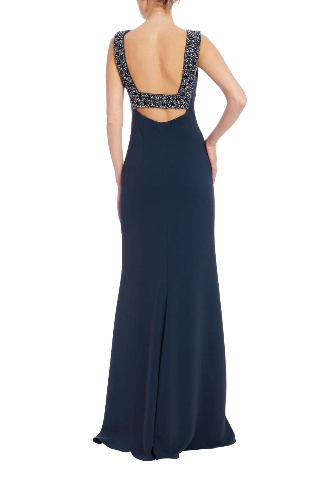 Navy Bateau Neck Floor-Length Crepe Formal A-Line Gown Beaded Neckline Badgley Mischka EG4620