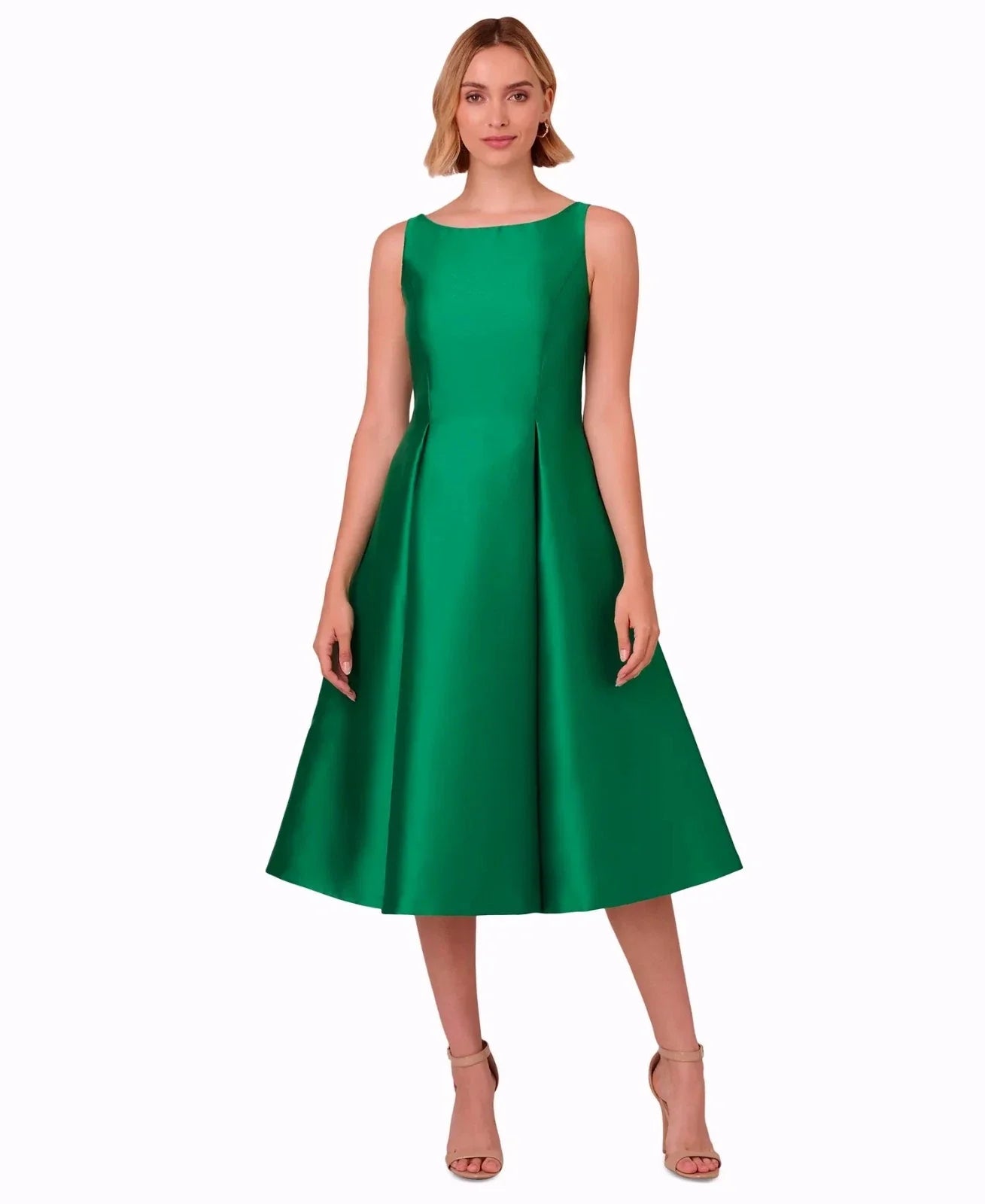 Bateau Midi Length Satin Twill Wedding Guest Dress with Pleated A Line Skirt and Pockets Adrianna Papell 41899070