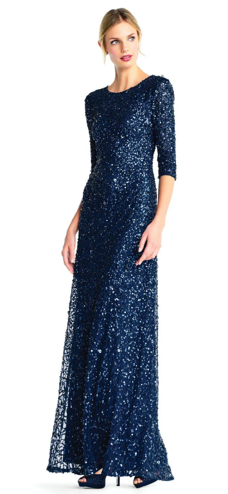 Scoop Neck Floor-Length Sequined Evening Gown with Quarter-Length Sleeves Formal Dress Adrianna Papell 91919970