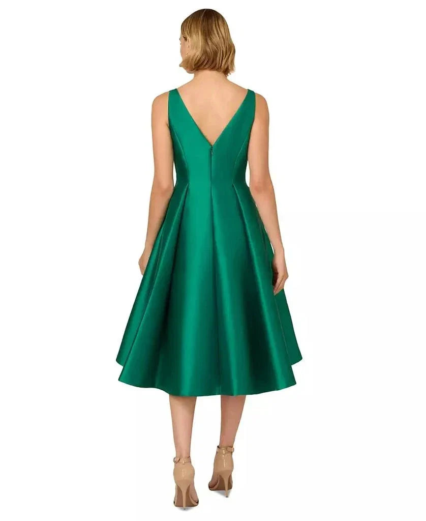 Bateau Midi Length Satin Twill Wedding Guest Dress with Pleated A Line Skirt and Pockets Adrianna Papell 41899070