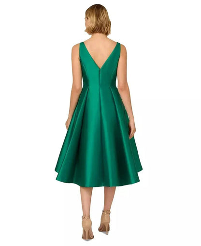 Bateau Midi Length Satin Twill Wedding Guest Dress with Pleated A Line Skirt and Pockets Adrianna Papell 41899070