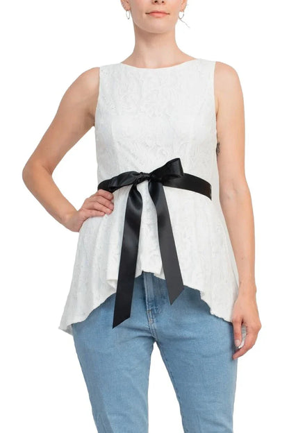 Formal Dresses Boat Neck Sleeveless Tie Waist High-Low Hem Lace Top IVORY BLACK