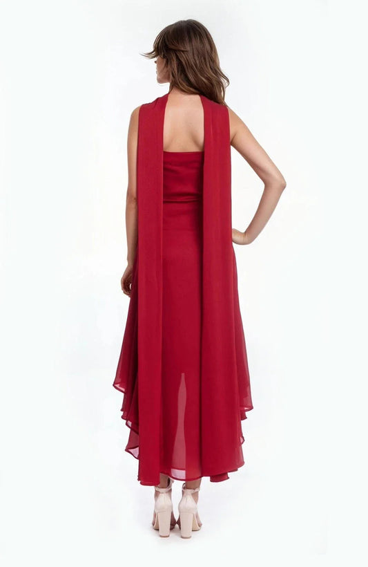 Red Square-Neck Midi Chiffon Cocktail High-Low Dress Jewel Badgley Mischka J0543