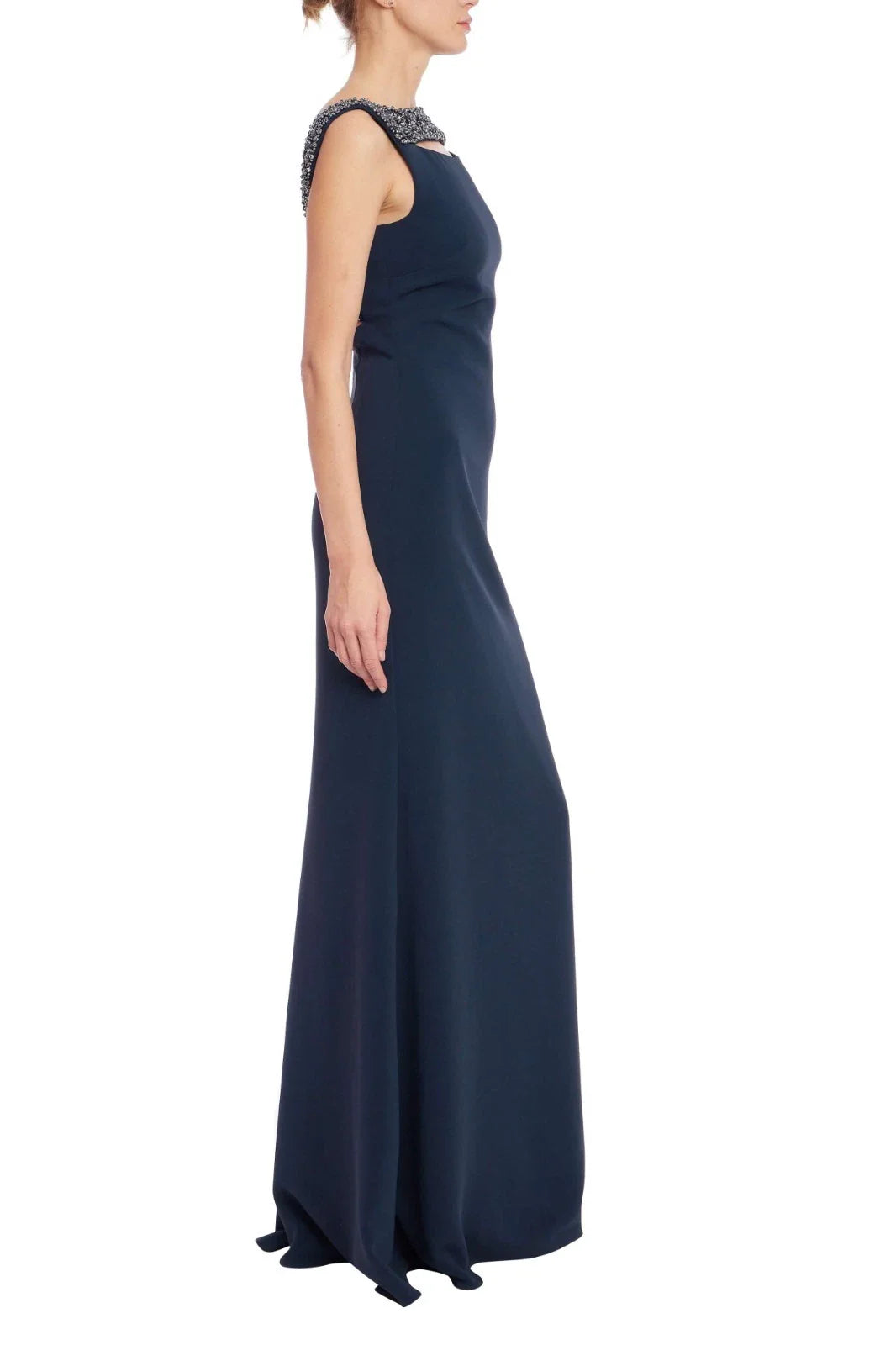 Navy Bateau Neck Floor-Length Crepe Formal A-Line Gown Beaded Neckline Badgley Mischka EG4620