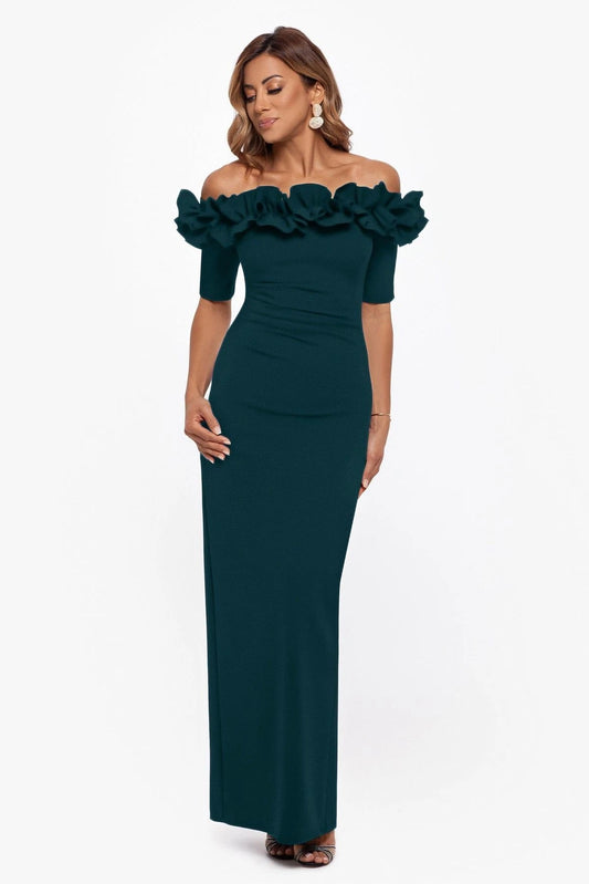 Off Shoulder Ruffle Gown Xscape 3856XP