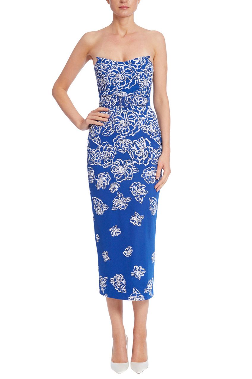 Badgley Mischka strapless belted bodycon zipper closure beaded mesh cocktail dress - Wholesale  - BLUEBERRY - Front