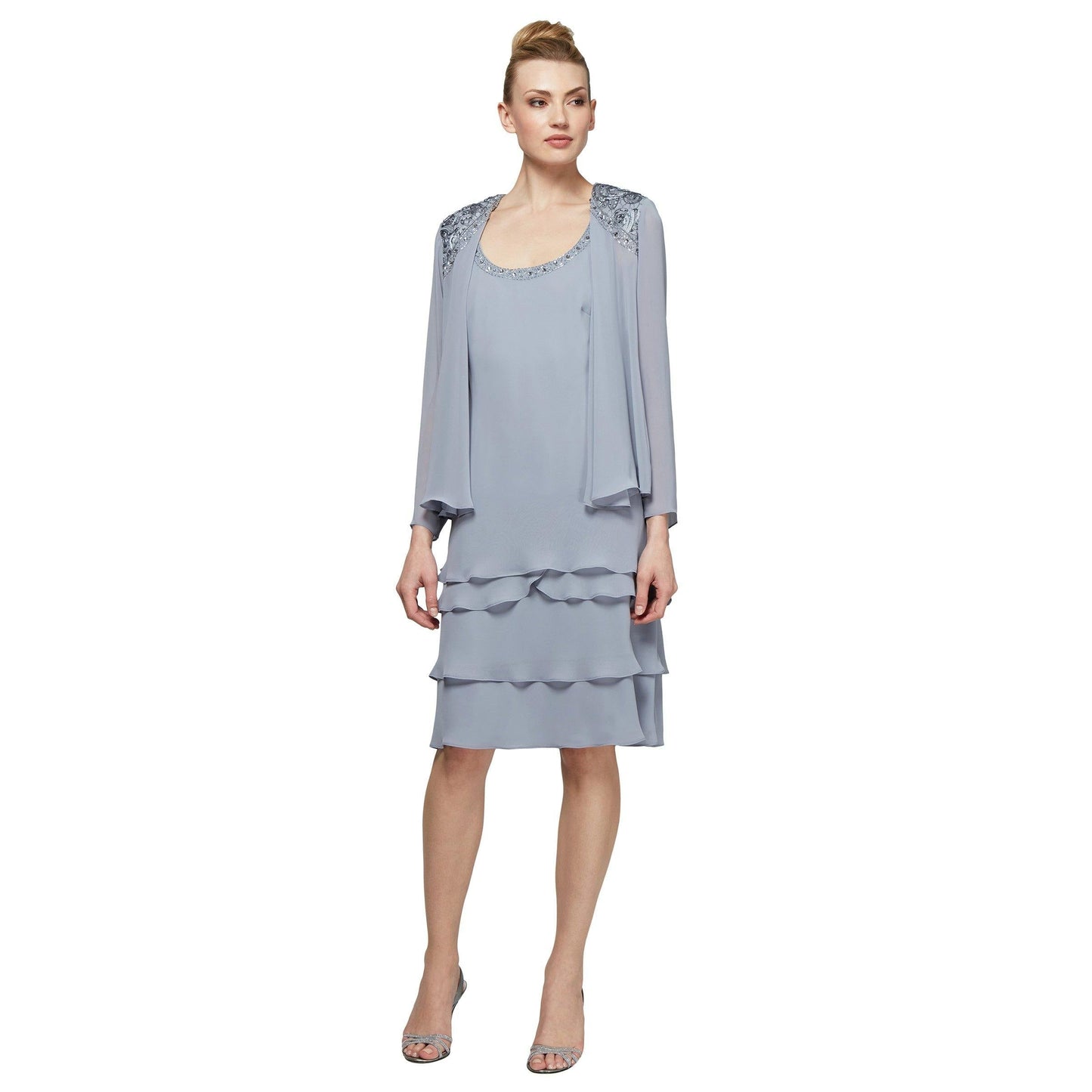 Short Beaded Tiered Jacket Dress SL Fashions 122372