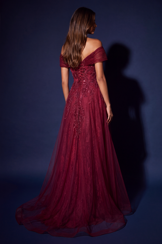 Back view of off shoulder floral A-line gown in Burgundy