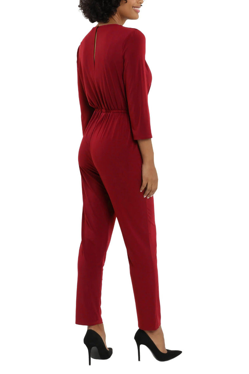 London Times Collared V-Neck Smocked Shoulder 3/4 Sleeve Elastic Waist Ruched Jersey Jumpsuit with Pockets