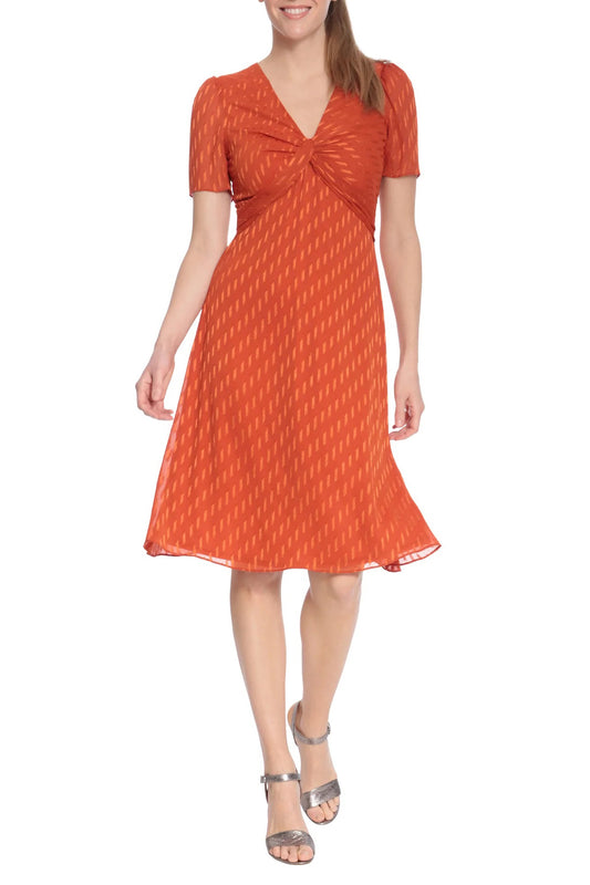 London Times V Neck Short Sleeves Back Zipper Twist Front Detail Short Dress - SPICE - Front