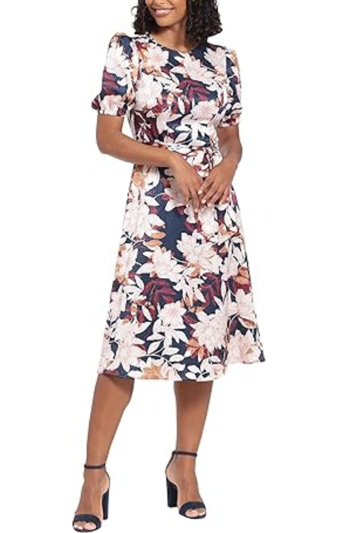 London Times Puff Sleeve Satin Midi Tie Waist Dress - NAVY CREAM - SIDE VIEW 