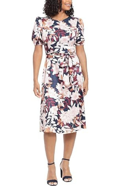 London Times Puff Sleeve Satin Midi Tie Waist Dress - NAVY CREAM - FRONT 