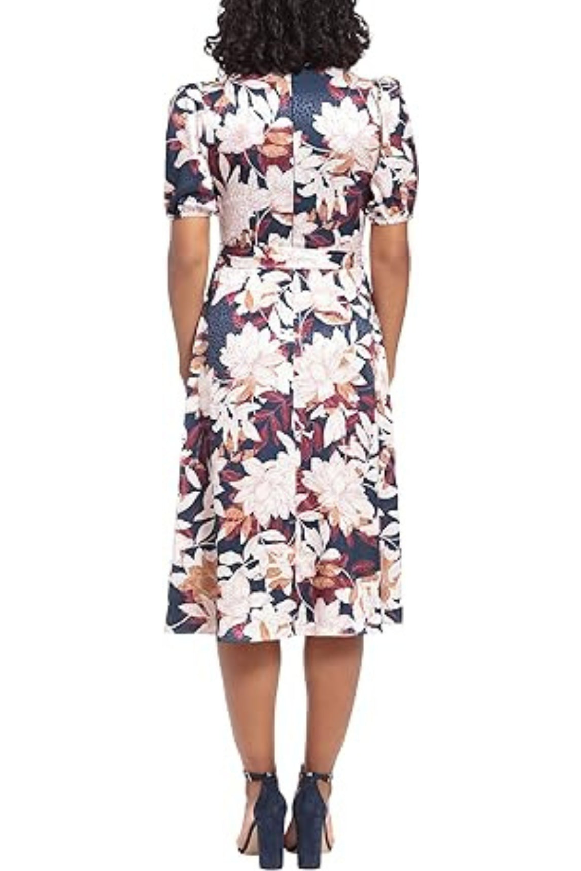 London Times Puff Sleeve Satin Midi Tie Waist Dress - NAVY CREAM - BACK 