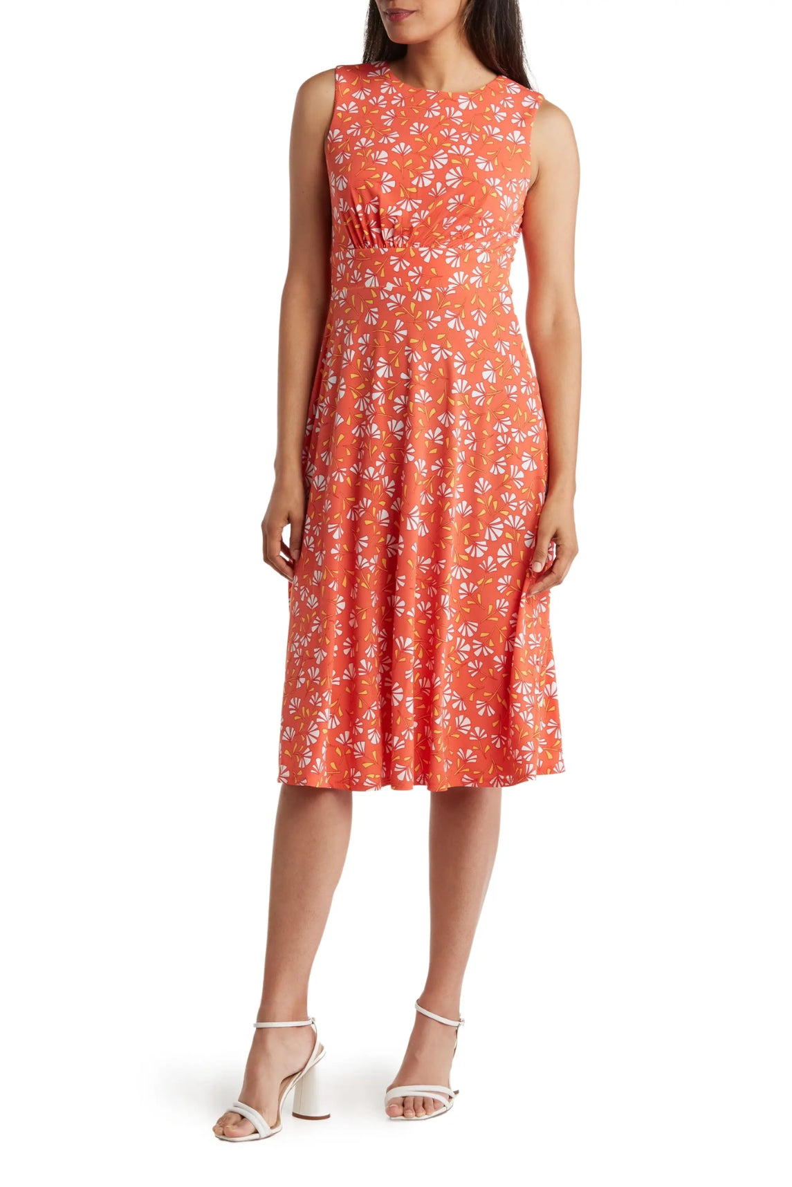 London Times Floral Sleeveless Fit & Flare Midi Dress - ORANGE 
YELLOW - FRONT 