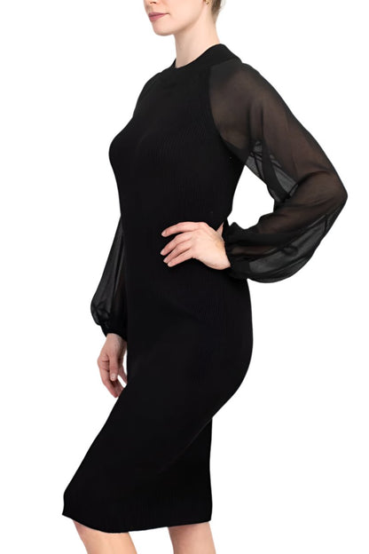 London Times crew neck chiffon long sleeve bodycon knit dress - Wholesale - BLACK - Side