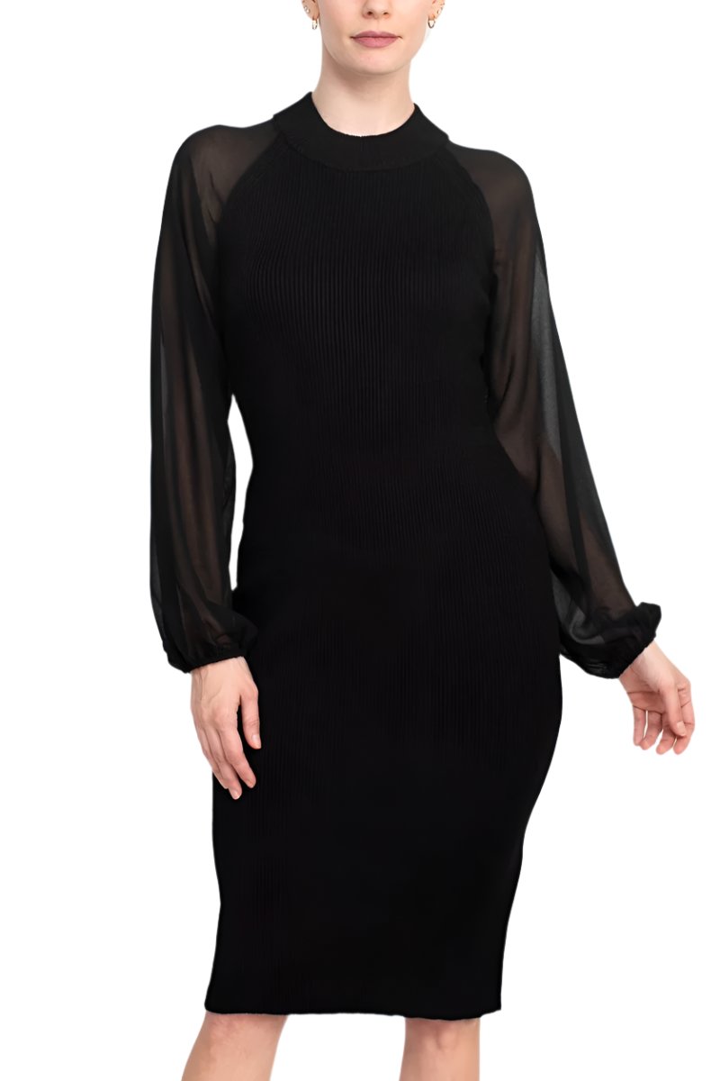 London Times crew neck chiffon long sleeve bodycon knit dress - Wholesale - BLACK - Front view