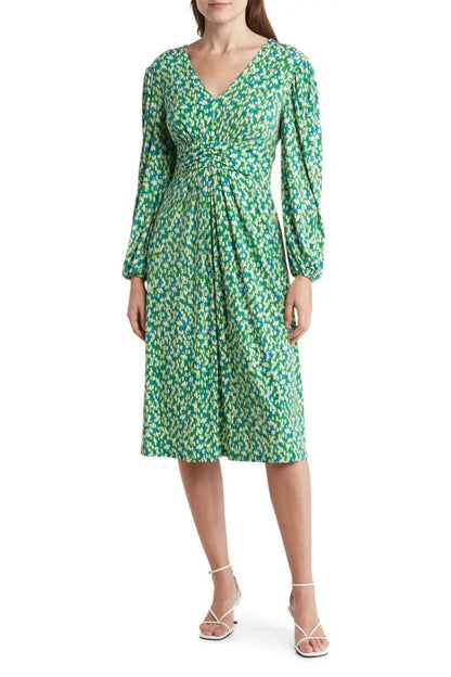 London Times Long Sleeve Ruched Empire Waist Midi Dres - GREEN BLUE - Front 