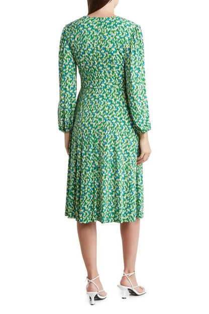 London Times Long Sleeve Ruched Empire Waist Midi Dres - GREEN BLUE - Back 