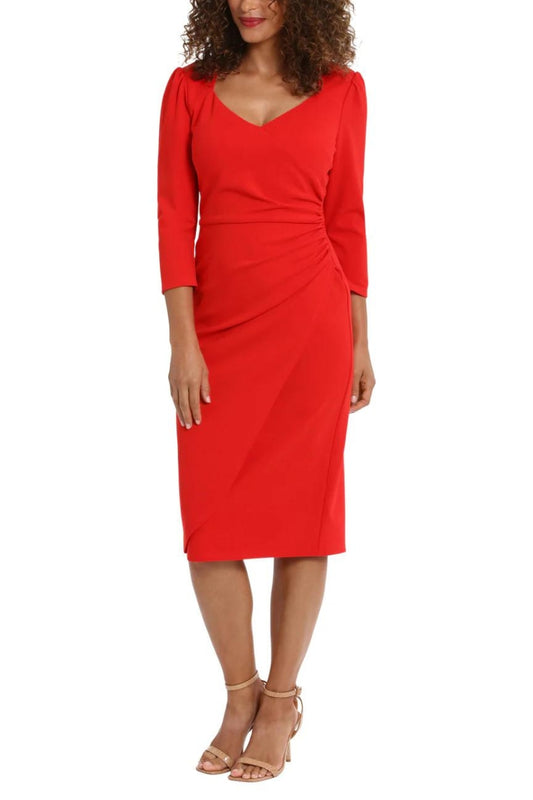 London Times Sweetheart Faux Wrap Side Ruched Midi Dress - RED - FRONT 