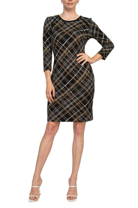 Connected Apparel Crew Neck 3/4 Sleeve Puff Print Knit Dress