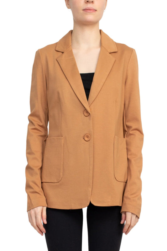 T Tahari Notched Collar Two Button Long Sleeve With Patch Pockets Knit Blazer - CARAMEL - Front