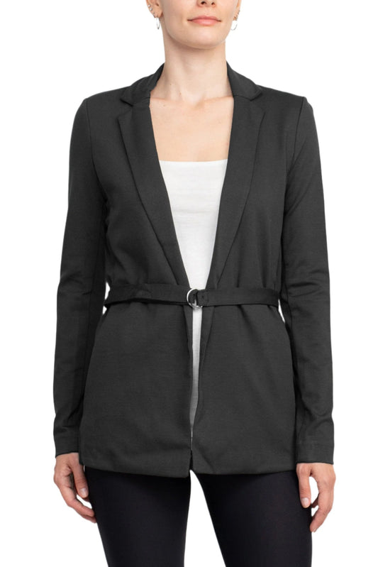 T Tahari Notched Collar Open Front Long Sleeve Ring Style Waist Belt Jacket - BLACK - Front