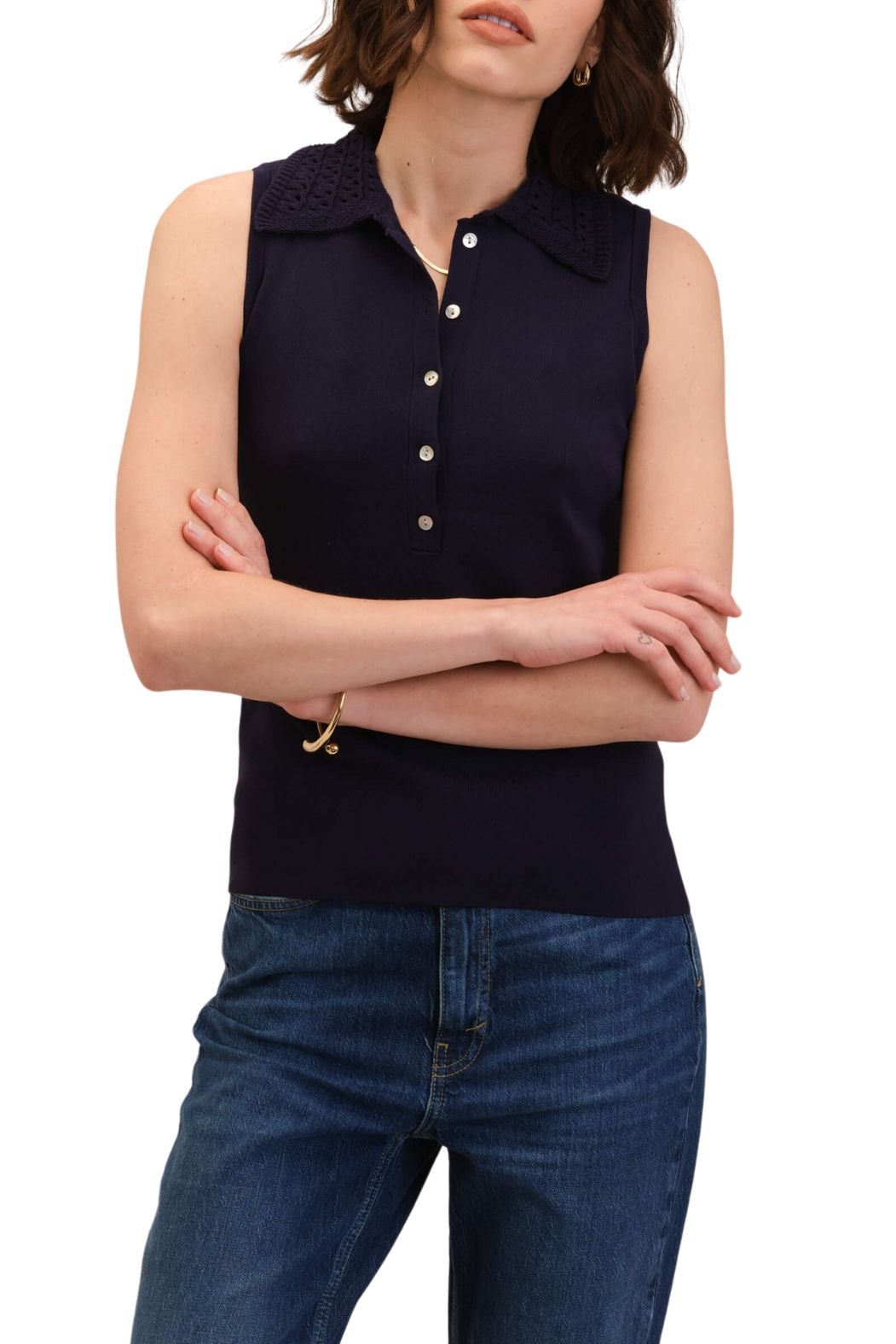 T Tahari Crochet Collar Sleeveless Sweater Polo Viscose Top - Wholesale - Morning Navy - Front View