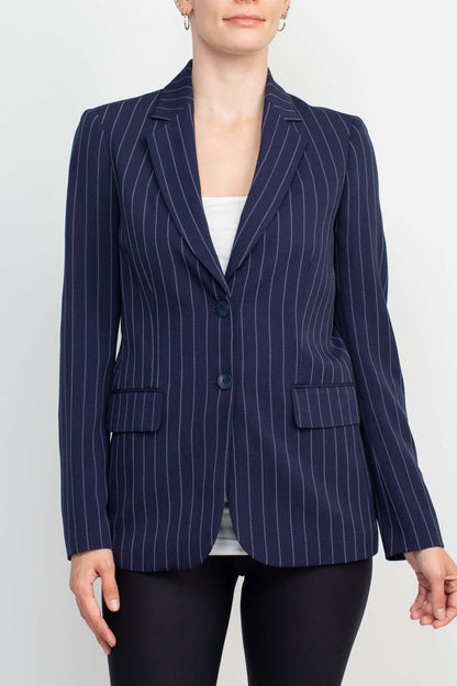 Tahari ASL Notched Collar Two Button Long Sleeve Crape Blazer - NAVY LAVENDER - FRONT 