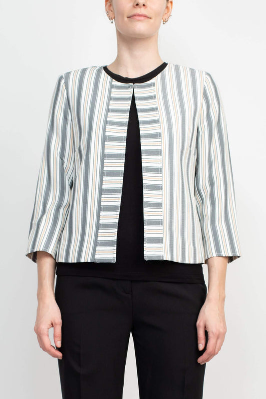 Tahari ASL Crew Neck 3/4 Sleeve Hook & Eye Stripe Print Twill Jacket - GREY MULTI - FRONT 