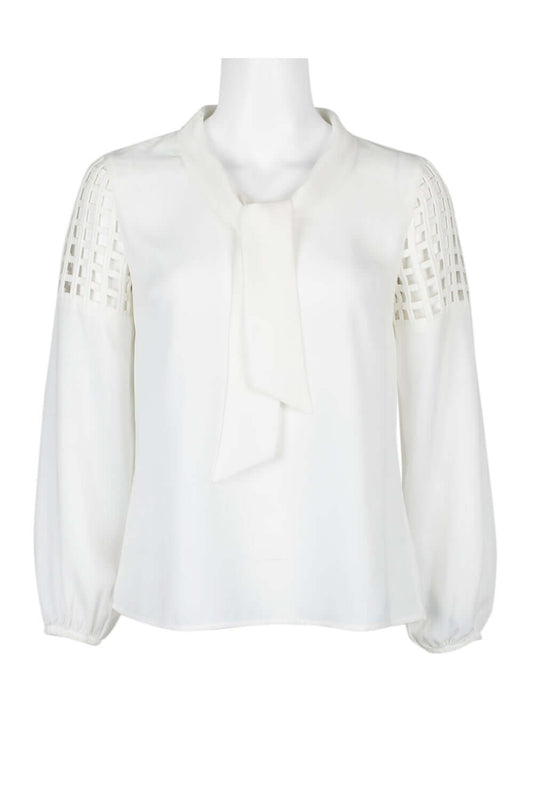 Tahari ASL Tie Neck Long Sleeve Laser Cut Shoulder Keyhole Back Crepe Top (Petite) - IVORY - Front