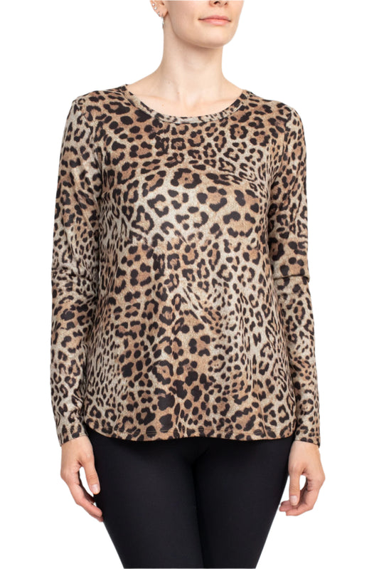 Joan Vass NY Scoop Neck Long Sleeve High-Low Hem Animal Print Jersey Top - JAGUAR PRINT - front 